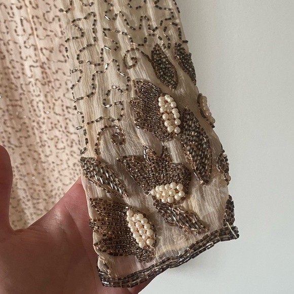 Vintage 70s Beaded Embroidered Sheer Long Sleeve Open Back Cocktail Party Dress - Picture 6 of 17